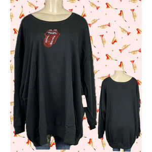 The Rolling Stones +5X Black Beaded Red Tongue Crew Neck Long Sleeve Sweatshirt